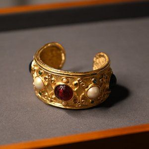 Vintage Christian Dior Signed Bangle Cuff Gripoix Poured Glass Cabochon Pearl